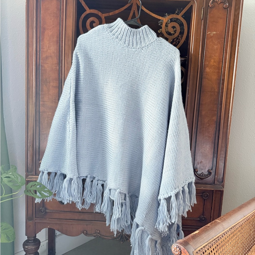 Martha Stewart Light blue knit Fringe Poncho